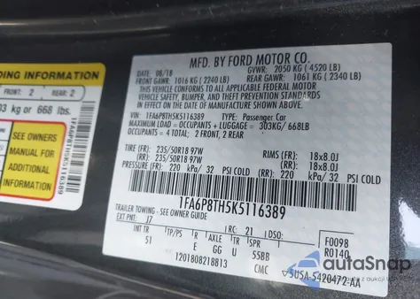 2019 Ford Mustang Ecoboost Premium из США, поврежденный, VIN 1FA6P8TH5K5116389